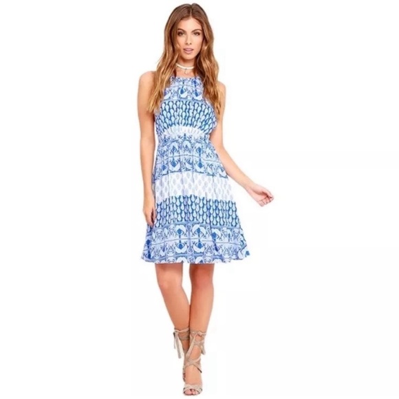 Lulus Blue and White Halter Dress Open Back - Picture 2 of 12